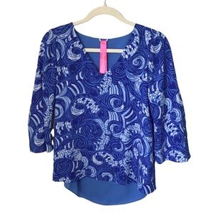 Lilly Pulitzer Florin V Neck Blue Grotto Blouse Xsmall 3/4 Sleeve